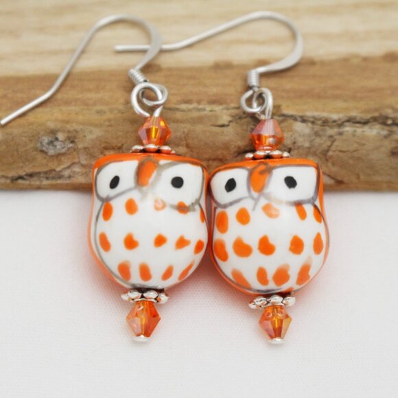 Orange Hand Painted Porcelain Owl Beaded Earrings - Handmade & Hypoallergenic - Picture 3 of 7